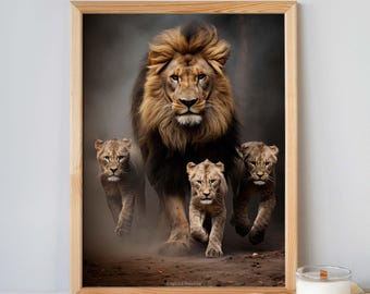 Lion Family Art Print, Wildlife Animal Poster (Digital Download)