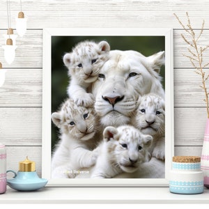 Lioness and Her Four Cubs, Digital Art for Print and Wallpaper For iPhone, Android, iPad, Lion Wallpaper, Digital Download with Watermark