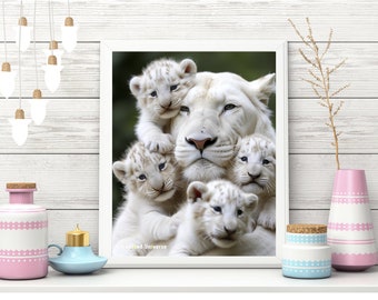 Lioness and Her FOUR Cubs Digital Art for Print and Wallpaper For iPhone, Android, iPad | Lion Wallpaper | Lion Art | Digital Download
