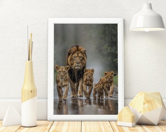 Family Of Five: Museum-Grade Poster  | Lion Poster | Lion King | Lion and Cub Art | Animal Poster | Modern Wall Art | Family Art