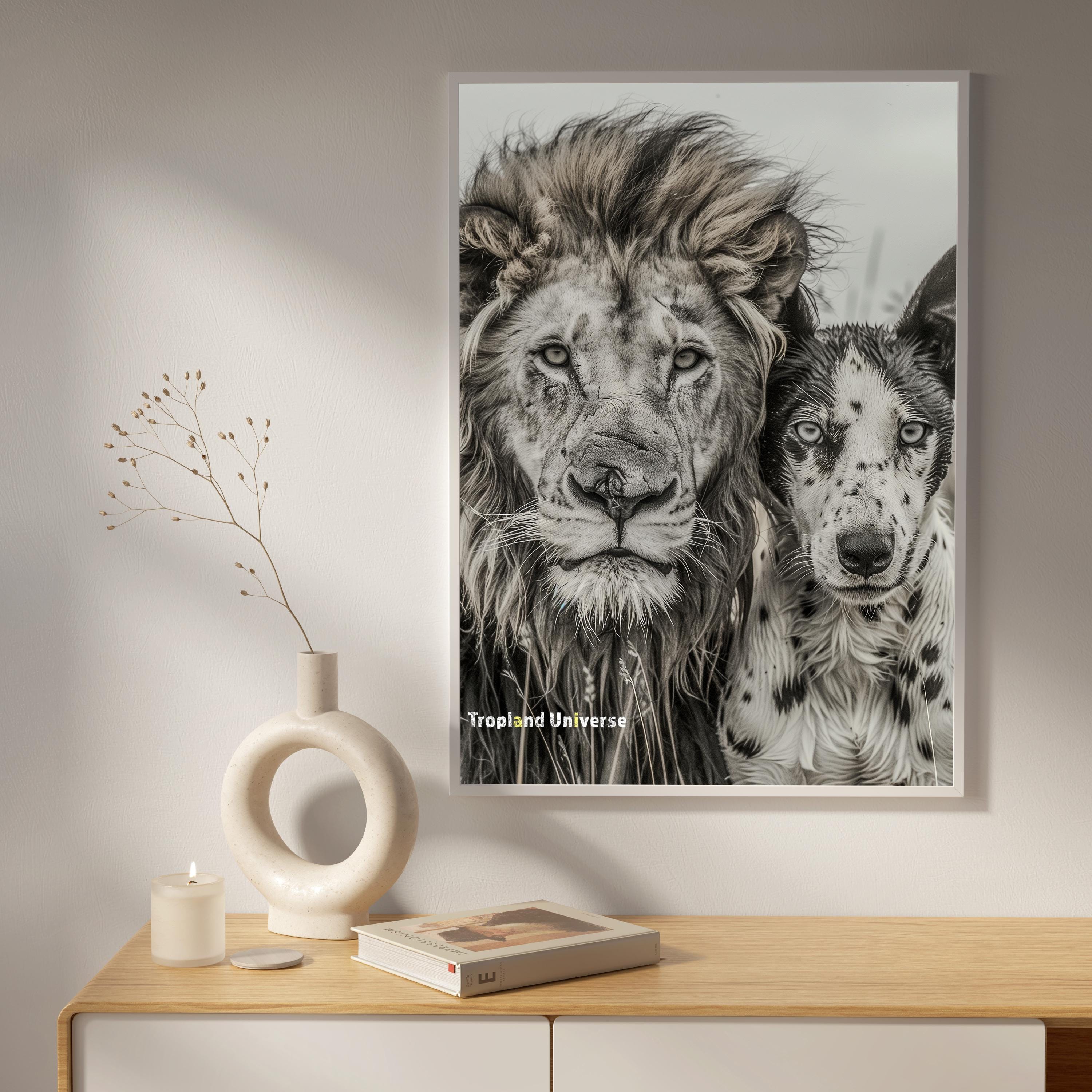 Lion and Dog Friendship Art Print, Safari Wall Decor (digital