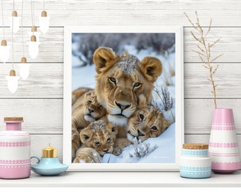 Lioness and Her Three Baby Cubs Digital Art for Print and Wallpaper For iPhone, Android, iPad | Lion Wallpaper | Lion Art | Digital Download