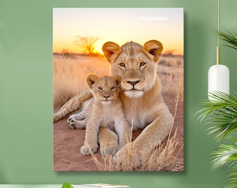 Mother And Cub Printable Lion Art | Animal Wall Art | Lion Art | Digital Art | Lion Poster | Instant Download