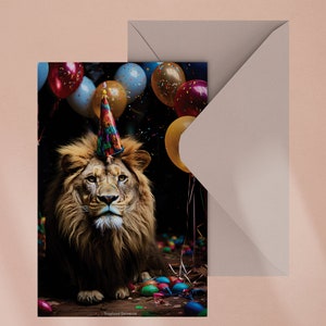 Lion Celebration: Printable Birthday Card, Greeting Card for Lion Lover, Unique Birthday Gift for Her, Animal Art Birthday Card, Lion Card