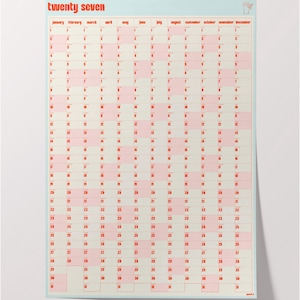 May include: A wall calendar for the year twenty seven featuring a grid layout with months from January to December. The design uses a light blue background with cream-coloured columns and alternating pink rectangular blocks for dates.