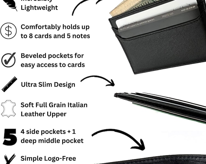 Simple Slim Full Grain Leather Wallet for Men - Italian Full Grain Upper - Clean Compact Modern Design - Fantastic Gift Idea!