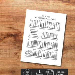 Desafío de lectura de 75 libros imprimible, rastreador de lectura de estantería, libros para leer, registro de lectura, diario de lectura, A4 A5 Carta HP Classic