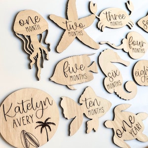 Boho Baby Monthly Milestone Markers with Beach Sea Theme, Unique Wooden Milestone Marker, Month Milestone Set for Newborn, Baby Shower Gift