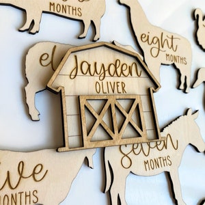 Baby Monthly Milestone Markers with Farm Animal Theme, Unique Wooden Barnyard Nursery Milestone Set, Rustic Baby Shower Personalized Gift