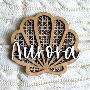 Rattan Seashell 3D Name Plaque, Personalized Baby Name Sign for Ocean Themed Nursery, Nautical Name Announcement Shell Keepsake for Photos