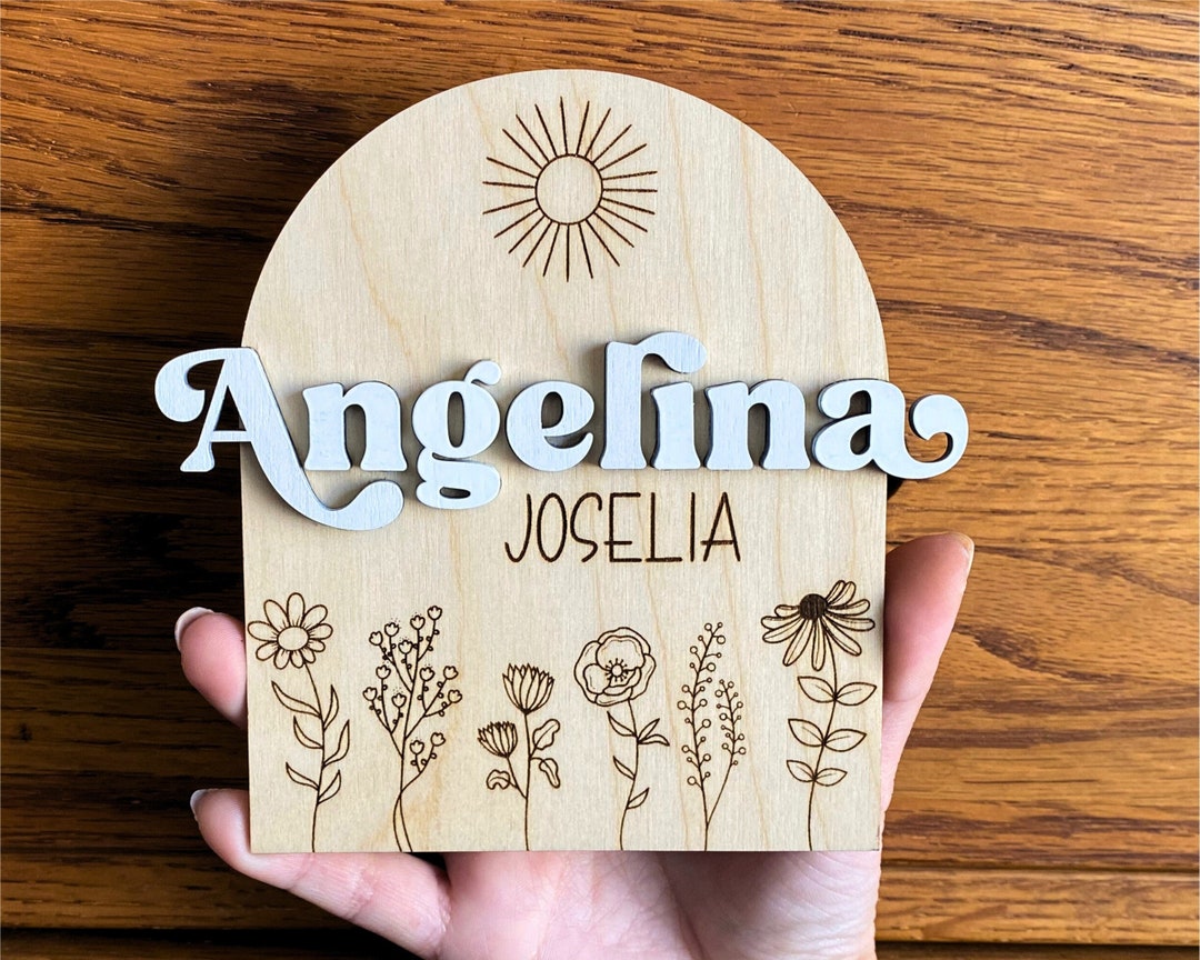 Floral Wooden Name Sign for Baby Photos, Boho Newborn Name Announcement ...