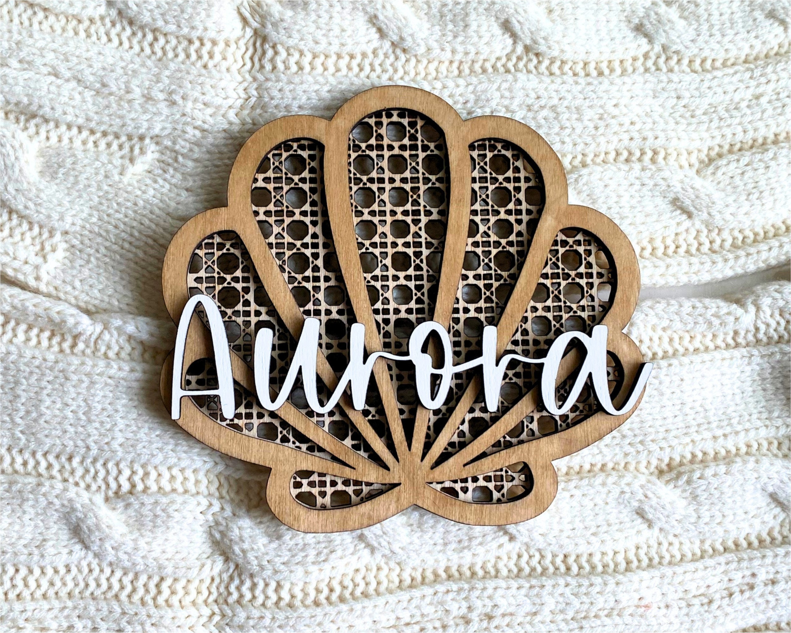 Rattan Seashell 3D Name Plaque, Personalized Baby Name Sign for Ocean Themed Nursery, Nautical Name Announcement Shell Keepsake for Photos