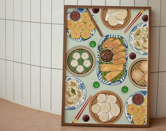 Dim Sum Poster, Dumpling Art Print, Modern Kitchen Decor, Chinese Food Art