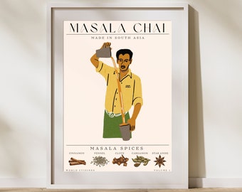 May include: A colorful illustration of a person pouring masala chai, a popular South Asian beverage. The illustration includes the text "Masala Chai" and "Made in South Asia". The image also shows the spices used in masala chai, including cinnamon, fennel, clove, cardamom, and star anise.