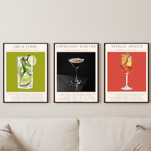 Juego de 3 pósteres de cócteles vintage, espresso martini, Aperol Spritz, gin tonic, impresión de carrito de bar, póster de alcohol, decoración moderna para el hogar