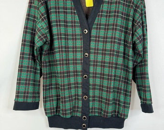 Kathleen Usherwood vintage - Pull cardigan écossais vert tartan pour femme Petit