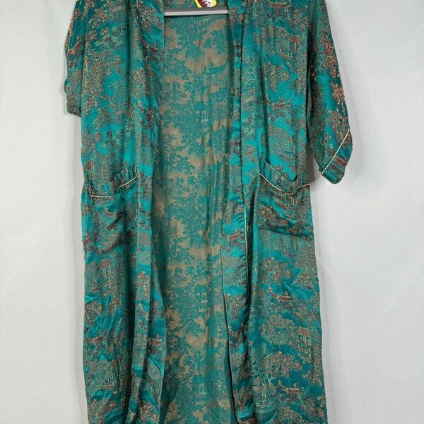 Vintage Solz Squirrel Chinese Satin Belted Robe Green Short Sleeves Medium