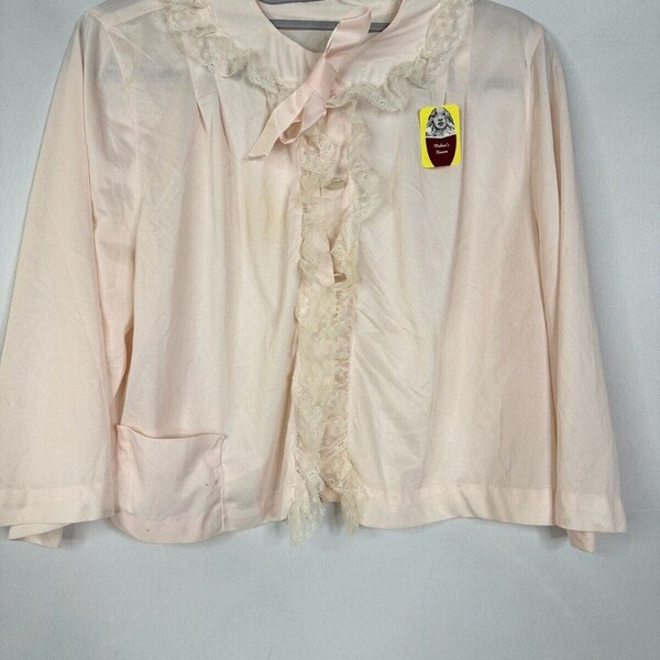 Vintage Women's Bed Jacket Sheer Blouse Lace Trim Long Sleeves Cream