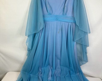 Robe longue plissée vintage des années 70 pour femmes, cape en mousseline de soie transparente, robe d'hôtesse bleue L