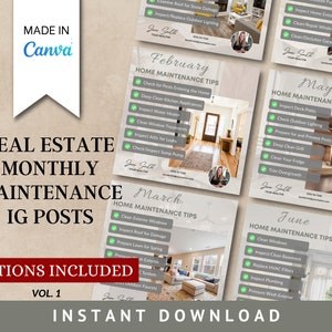 Può includere: Un set di sei modelli di post per i social media per gli agenti immobiliari. Ogni modello presenta un mese diverso dell'anno e un elenco di suggerimenti per la manutenzione della casa per quel mese. I modelli sono progettati in uno stile moderno e minimalista con uno schema di colori grigio e bianco.
