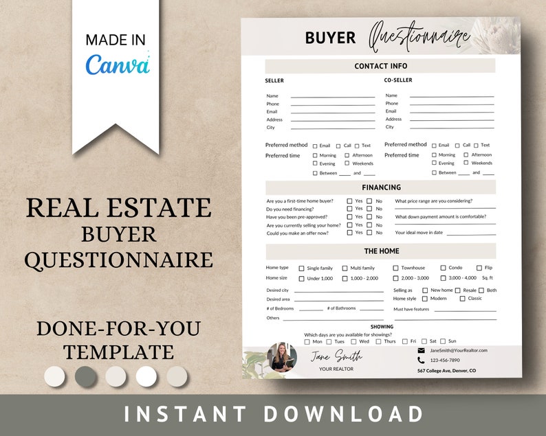 Real Estate Buyer Questionnaire Checklist, Realtor Marketing, Instant ...