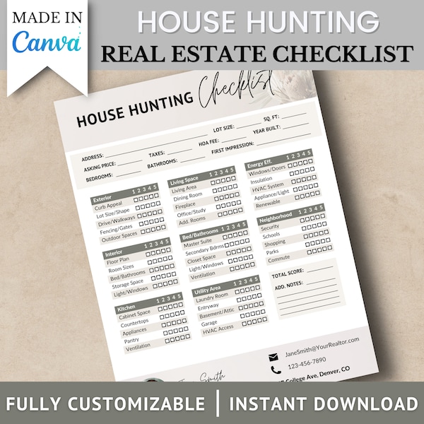 Real Estate House Hunting Checklist, Canva Template, Realtor Marketing Materials, Home Buyer, Flyer, Brand Building, Instant Download