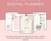planner printable, digital daily planner, budget tracker, ADHD checklist, fitness journal, meal planner, gratitude journal handwritten font