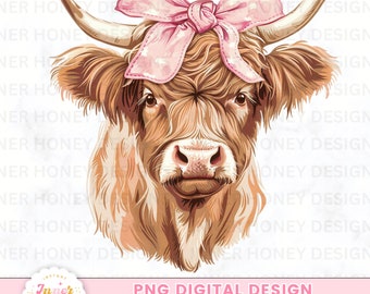 Vache Highland png coquette noeud png fille douce époque png vache Highland clipart coquette conception de chemise rétro maman png conception sublimation