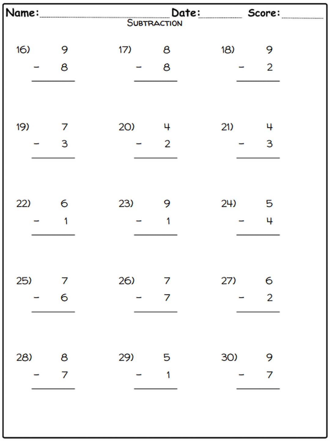 Subtraction Worksheets Numbers 1 9 50 Printable Pages for Preschool