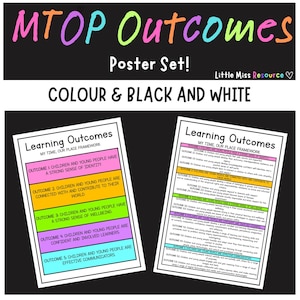 May include: A set of two black and white posters with the title "Learning Outcomes" and the text "My Time, Our Place Framework". The posters list the five learning outcomes for children and young people.