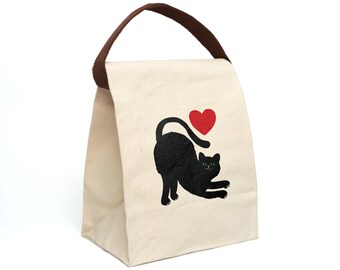 Sac à lunch en toile avec coeur de chat avec bandoulière