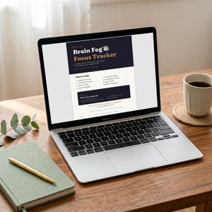 May include: A MacBook Air laptop displays a "Brain Fog & Focus Tracker" document on a wooden desk. A green notebook with a gold pen and a coffee mug on a woven coaster are also present. The screen shows text in a dark navy and cream colour scheme.