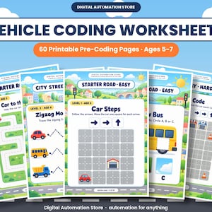 Può includere: Un set di 60 schede didattiche stampabili sulla codifica dei veicoli con illustrazioni colorate di auto, autobus e camion. Le pagine includono vari livelli per bambini dai 5 ai 7 anni, con attività di tracciamento, frecce direzionali e puzzle logici.