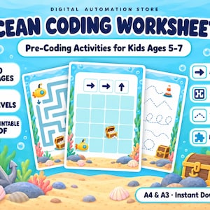 Folhas de atividades de programação para crianças para imprimir, pacote de atividades STEM sem telas, Missão de Programação Oceânica em PDF