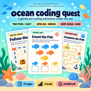 Może przedstawiać: Ocean Coding Quest plik PDF do druku, 22 strony i 3 poziomy. Trzy karty aktywności pokazują ścieżkę w kratkę, liczenie ryb i labirynt łodzi podwodnej. Projekt z niebieskimi, pomarańczowymi i żółtymi stworzeniami morskimi, algami i muszlami.