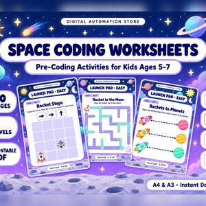 Werkbladen voor kinderen om te programmeren, printbaar, ruimtevaart- en schermvrij STEM-activiteitenpakket, voorbereidend programmeren (pdf) voor kinderen van 5-7 jaar.