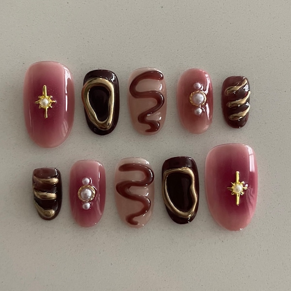 Red and Gold Chrome 3D Press-on Nails | Custom Press-ons