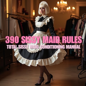 May include: A person wearing a black and white maid outfit with a white ruffled apron and a matching headpiece. The outfit has long sleeves and a high collar. The text on the image reads "390 SISSY MAID RULES TOTAL SISSY MAID CONDITIONING MANUAL".