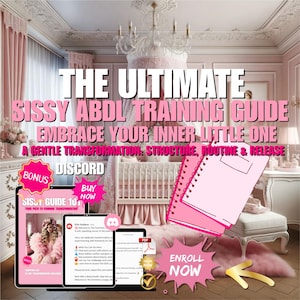 Peut inclure: Une image rose et blanche avec le texte "THE ULTIMATE SISSY ABDL TRAINING GUIDE" et "EMBRACE YOUR INNER LITTLE ONE". L'image comprend un carnet, des tablettes et un berceau dans une pièce rose.