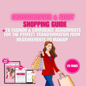 May include: Illustration of a woman holding shopping bags with the word "SALE" on them. The image promotes a "Crossdresser & Sissy Shopping Guide" with "+20 Fashion & Confidence Assignments" and includes a "Discord" bonus. The guide is 25 pages.