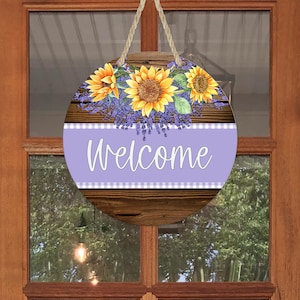 Sunflower Welcome Door Sign: Floral Round Door Hanger, Sizes 10&quot; or 12&quot;