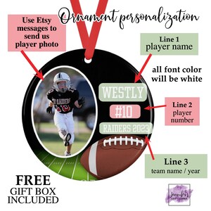 May include: Personalized football ornament with a photo of a young player in a black and red uniform. The ornament includes the player's name, number, and team details. A brown football graphic is also featured. The text says "Ornament personalization".