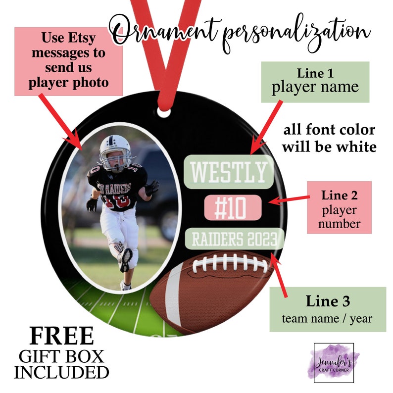 May include: Personalized football ornament with a photo of a young player in a black and red uniform. The ornament includes the player's name, number, and team details. A brown football graphic is also featured. The text says "Ornament personalization".