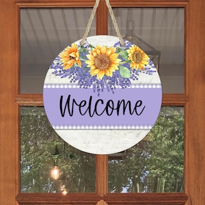 Sunflower Welcome Sign: Floral Round Door Hanger, Sizes 10&quot; or 12&quot;