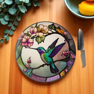 Round Floral Hummingbird Glass Cutting Board: Size 12x12, Nonslip Rubber Feet