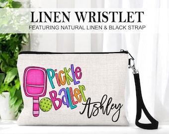 Personalized Pickleball Baller Linen Wristlet Makeup Cosmetic Bag: Size (9x6")