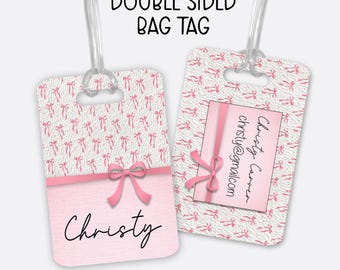 Personalized Pink Bow Bag Tag Double Sided 4x3" - Diaper Bag Coquette Pink Bow Name ID Tag, Preppy Suitcase Luggage Tag