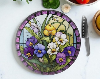 Floral Round Decorative Glass Cutting Board: Pansies Kitchen Decor, Birthday Gift Mom, Gift Ideas Mom, Kitchen Trivet, New Kitchen Decor