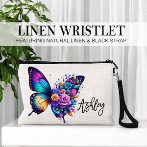Personalized Butterfly Linen Wristlet: Floral Toiletry Cosmetics Makeup Bag Size (9x6&quot;)