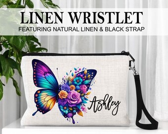Personalized Butterfly Linen Wristlet: Floral Toiletry Cosmetics Makeup Bag Size (9x6")